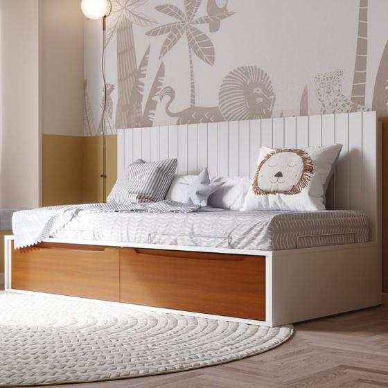 Imagem de Cama Solteiro com 2 Gavetas e Painel Encosto Sambalelê Branco Acetinado/Mel