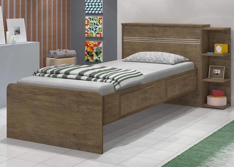 Imagem de Cama Solteiro com Baú 2 Gavetas J&A Móveis Jequitibá Jade 90x127x218