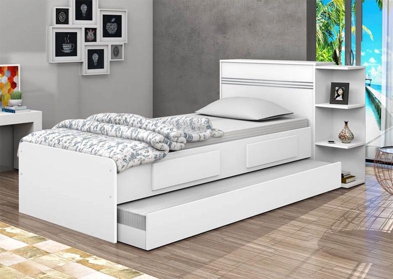 Cama Solteiro com Baú e Auxiliar Branco ou Branco/Lilás J&A Móveis Jade Menor preço em Cama Solteiro com Baú e Auxiliar Branco ou Branco/Lilás J&A Móveis Jade