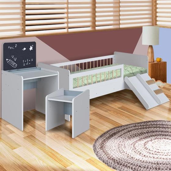 Imagem de Cama Solteiro Com Colchão E Mesinha Infantil Branco Azul Cassian Shop JM