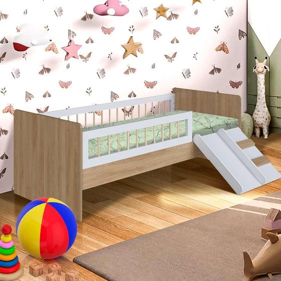 Imagem de Cama Solteiro Infantil Com Grade De Proteção 135cm x 193cm Aveiro Oak Branco Dmitri Shop Jm