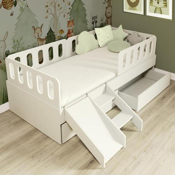 Imagem de Cama Solteiro Mdf Branco com 02 Gavetas Escadinha/Escorrega 03 Grades e Cabeceira Anatômica Mobilistore