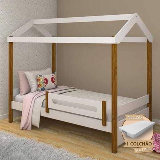 Imagem de Cama Solteiro Montessoriana Casinha Eliz com Colchão e Grade de Proteção - Branco/mel