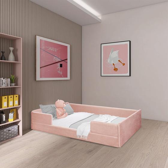 Imagem de Cama Solteiro Montessoriana Madeira Com Revestimento Em Tecido Luana Rosa