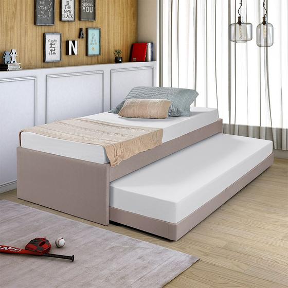 Cama Solteiro Premium Com Auxiliar Em Madeira Bianca Revestida Tecido Pavia Bege Menor preço em Cama Solteiro Premium Com Auxiliar Em Madeira Bianca Revestida Tecido Pavia Bege