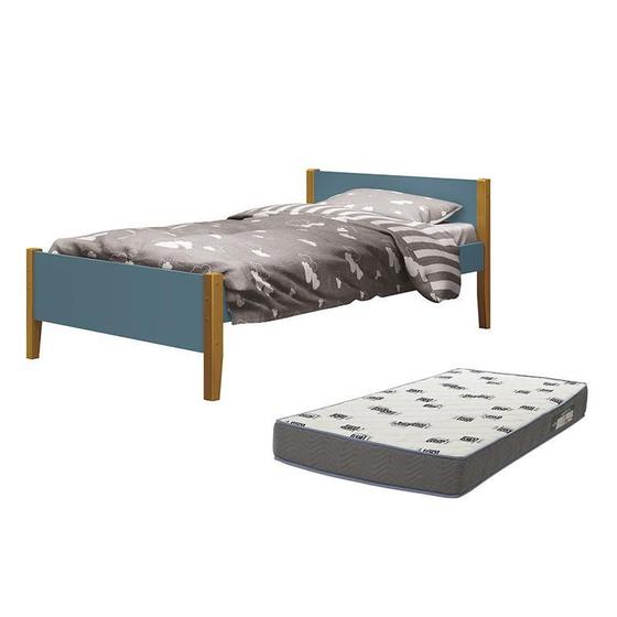 Imagem de Cama Solteiro Simba Azul Fosco Pés Amadeirado com Colchão D33 - Reller Móveis