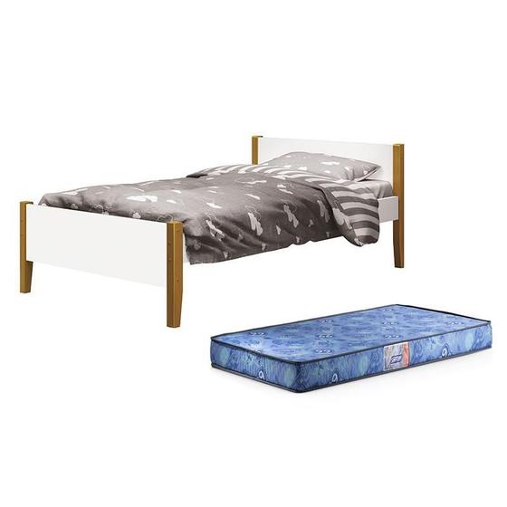 Imagem de Cama Solteiro Simba Branco Fosco com Pés Amadeirado e Colchão D20 - Reller Móveis