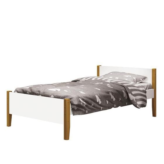Imagem de Cama Solteiro Simba Branco Fosco com Pés Amadeirado - Reller Móveis