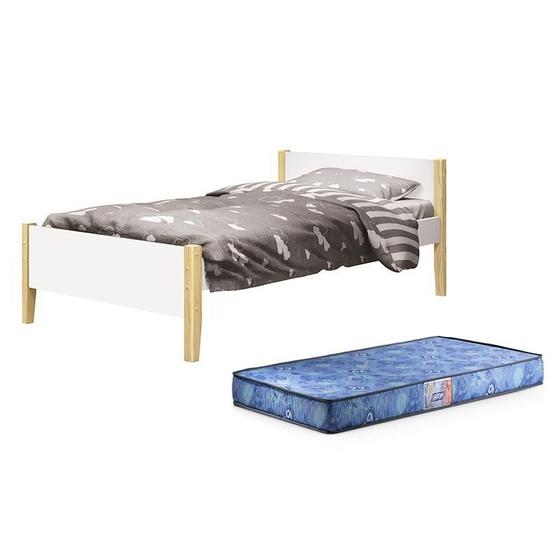 Imagem de Cama Solteiro Simba Branco Fosco com Pés Madeira Natural e Colchão D20 - Reller Móveis