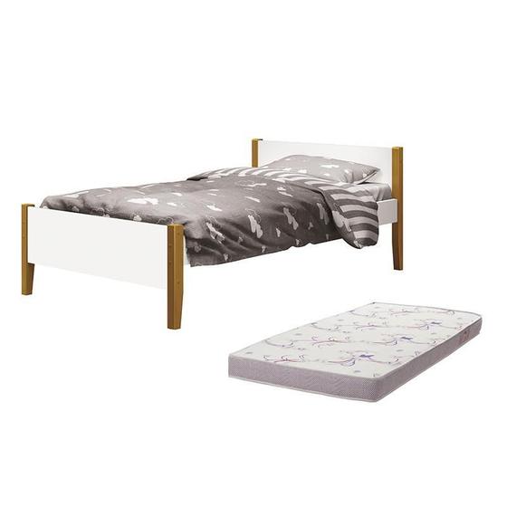 Imagem de Cama Solteiro Simba Branco Fosco Pés Amadeirado com Colchão D20 - Reller Móveis