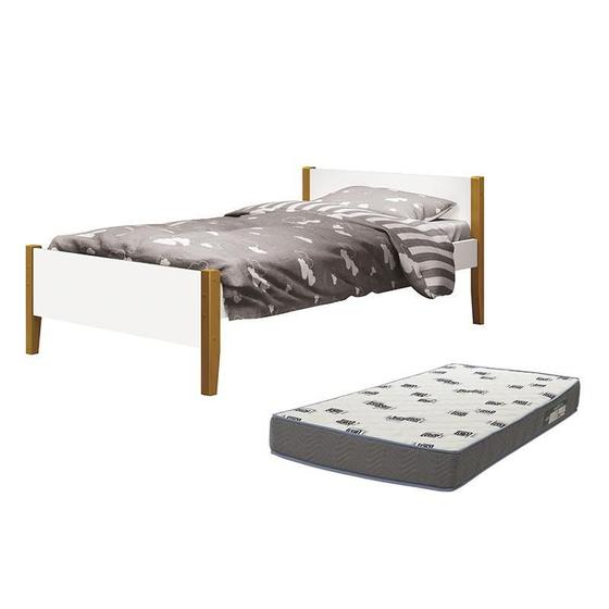 Imagem de Cama Solteiro Simba Branco Fosco Pés Amadeirado com Colchão D33 - Reller Móveis