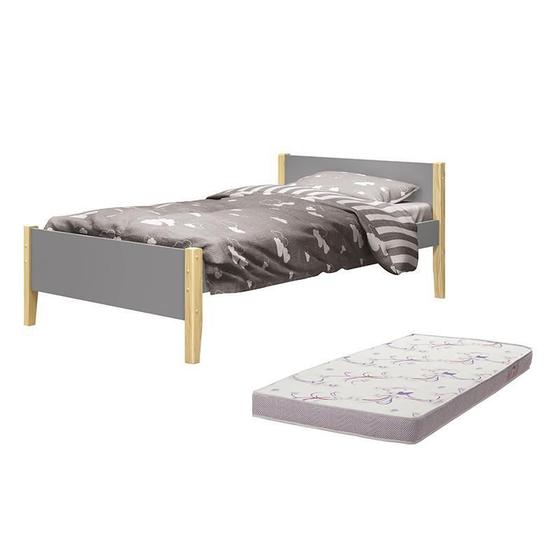 Imagem de Cama Solteiro Simba Cinza Fosco Pés Madeira Natural com Colchão D20 - Reller Móveis