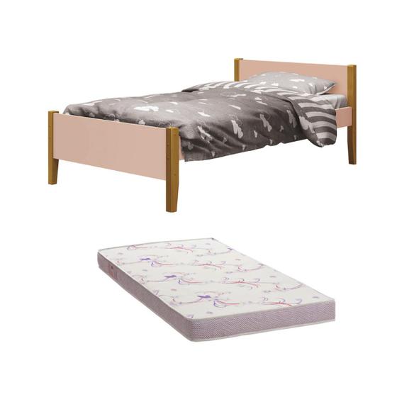 Imagem de Cama Solteiro Simba Rosa Fosco com Pés em Madeira com Colchão D20 188 x 88 x 12 cm - Reller