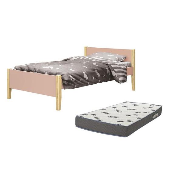 Imagem de Cama Solteiro Simba Rosa Fosco Pés Madeira Natural com Colchão D33 - Reller Móveis