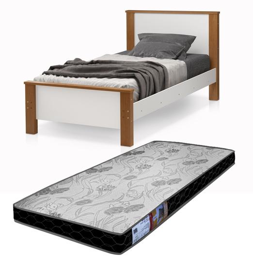 Imagem de cama tamanho de solteiro com pé de madeira estilo padrão branco amendoa fosco já com colchão D20 88x188cm