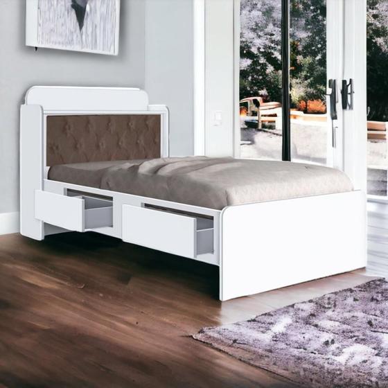 Imagem de Cama Tamires Branco com Capitonê Nogal e Colchão