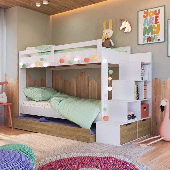 Imagem de Cama Treliche Infantil Bicama Menino Menina 2,32m com Escada, Nichos e Gavetas Branco com Aveiro