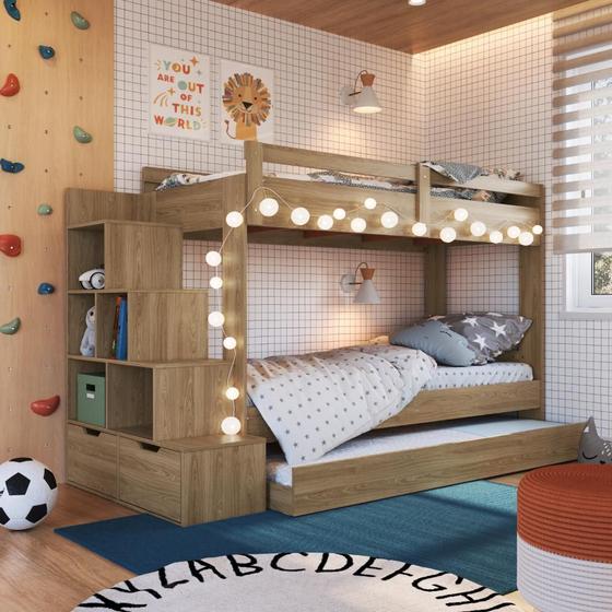 Imagem de Cama Treliche Infantil com Escada e Nichos e Cama Auxiliar Marrom