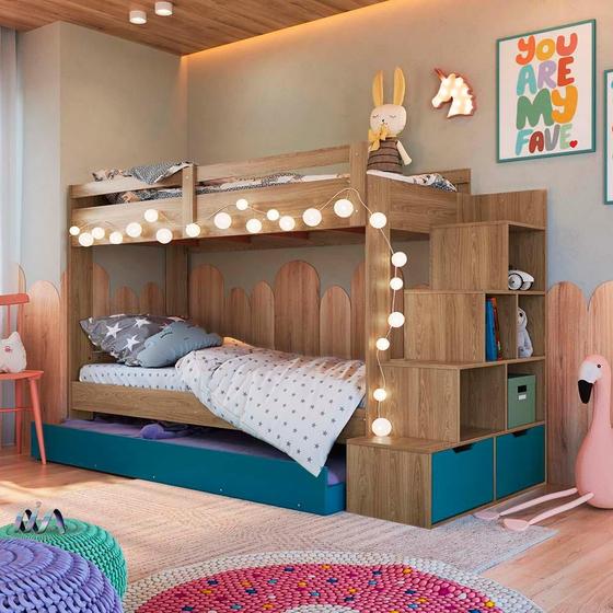 Imagem de Cama Treliche Infantil Solteiro Com Cama Auxiliar E Escada Aveiro OAK Azul Redford Shop Jm