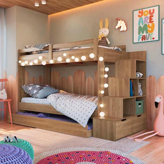 Imagem de Cama Treliche Infantil Solteiro Com Cama Auxiliar E Escada Aveiro OAK Redford Shop Jm