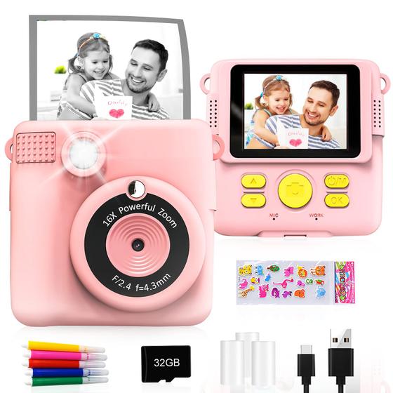 Imagem de Câmera de impressão instantânea GKTZ 1080P HD 0 Ink com cartão de 32GB - rosa