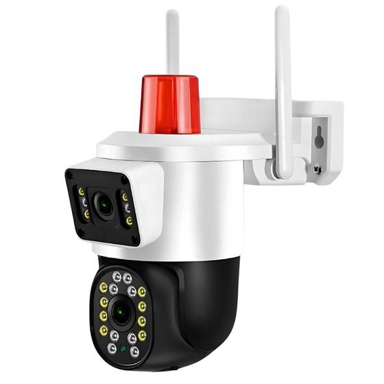 Imagem de Camera de segurança FULL HD Wifi Lente dupla Zoom sensor e rastreio de movimento Flash Light alarme e sirene de dispersão FHD Vigilância