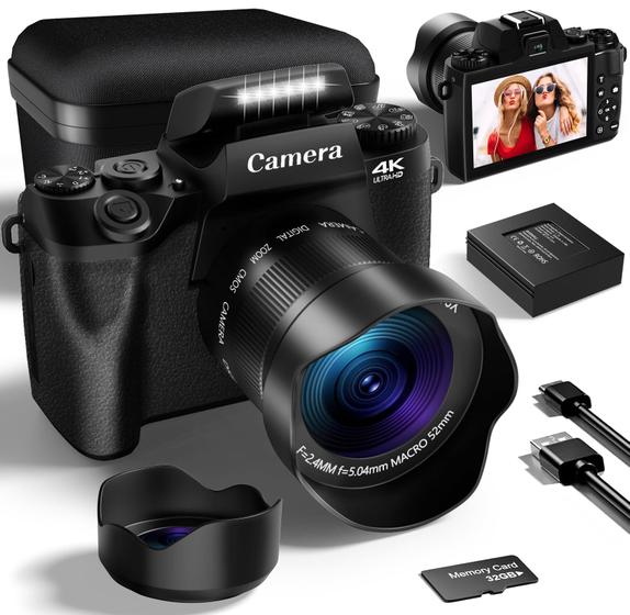 Imagem de Câmera digital 4K atualizada VIJANGER 2024 para fotografia com cartão SD de 32 GB, câmera de vlog de 64 MP para YouTube com câmera frontal e traseira, estojo de câmera, WiFi, bateria de 3000mAh, tela sensível ao toque de 4,0" (preta)