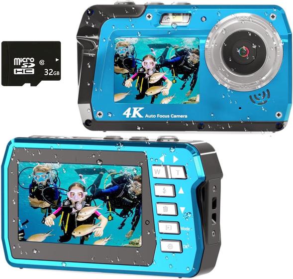 Imagem de Câmera digital à prova d'água Focusify 4K FHD 48MP com cartão de 32GB