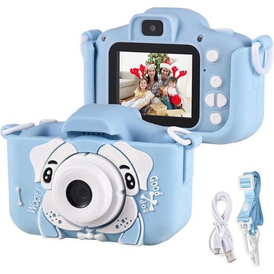 Imagem de Camera Digital Azul Infantil Mini Efeitos Fotos Voz Recarregável Com Capa Proteção Cachorro Jogos