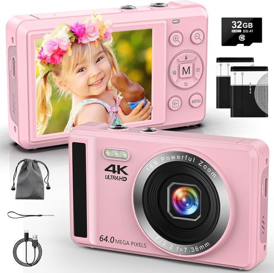 Imagem de Câmera digital - Câmeras digitais 4K de 64 MP para fotografia - Câmera pequena de apontar e fotografar com foco automático UHD para crianças - Câmera de vlog compacta portátil com zoom 16X, cartão de 32 GB e 2 baterias para adolescentes e iniciantes