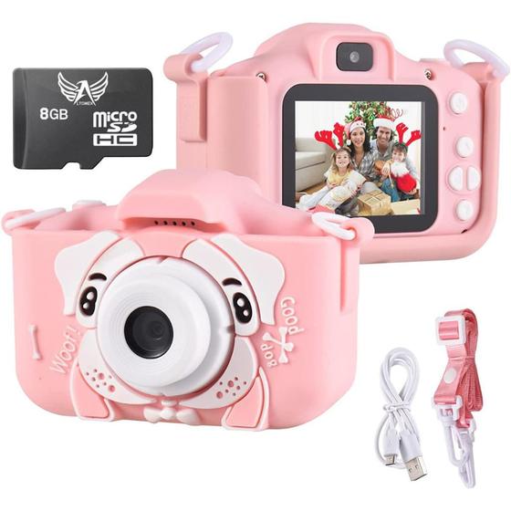 Imagem de Camera Digital Rosa Infantil Fotos Voz Recarregável Com Capa Proteção Jogos Cartão De Memoria  8GB