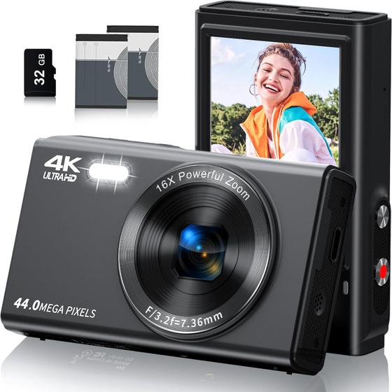 Imagem de Câmera digital Saneen FHD Kids 4K 44MP com cartão SD Flash de 32GB