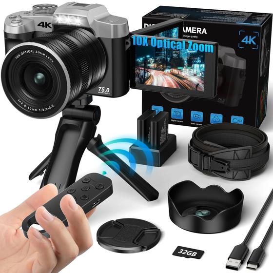 Imagem de Câmera digital VIANGER 4K 75MP com cartão de 32GB com zoom 10X preto