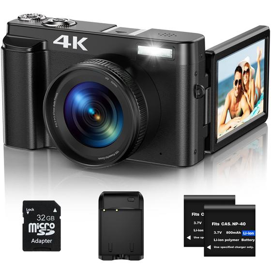 Imagem de Câmera digital zheozeig 4K 48MP com cartão SD de 32GB, 2 baterias