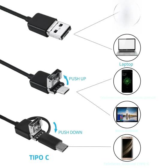 Imagem de Câmera Endoscópica À Prova D'Água 7mm - 3 em 1 (Micro USB, Tipo C) - Mini Boroscópio para Inspeção