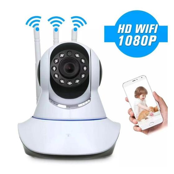 Imagem de câmera segurança wifi iP robô 3 antenas visão noturna full HD 360º microfone áudio babá eletrônica robozinho bivot