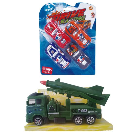 Imagem de Caminhão a Fricção Militar com Missil + Carrinho a Fricção de Polícia Kit com 4 Unidades - Pica Pau