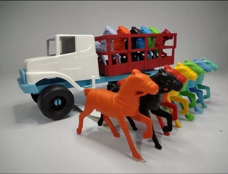 Imagem de Caminhão Carroceria com 6 cavalos Plastico Coloridos Brinquedo para Crianças Infantil 25 cm Lembrançinha Presente