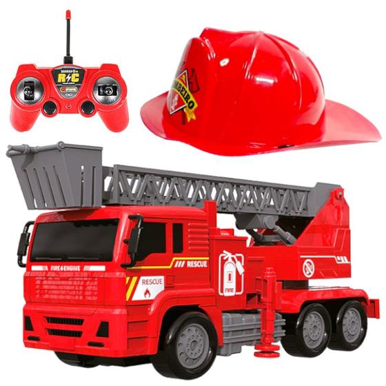 Imagem de Caminhão de Brinquedo Bombeiros Controle + Capacete Resgate