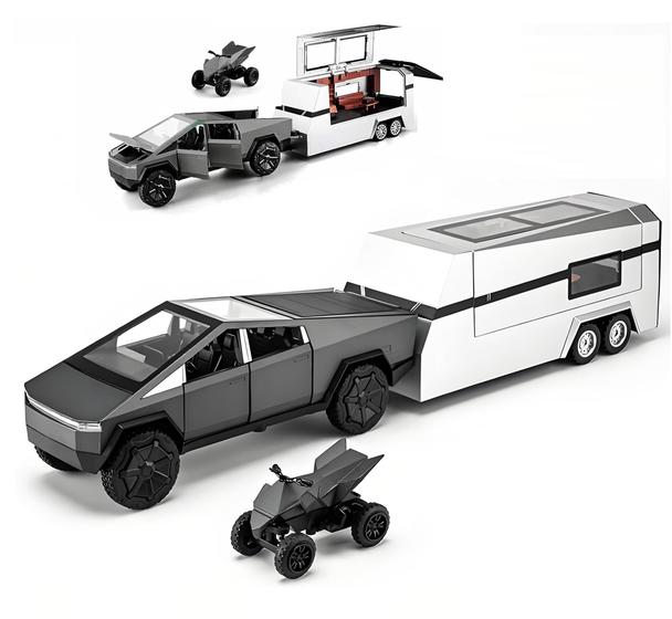 Imagem de Caminhão de Brinquedo Powvan Cybertruck 1:32 com Motocicleta e RV - Para Crianças a partir de 6 anos
