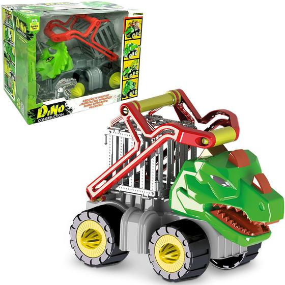 Imagem de Caminhao dinossauro jaula com 3 animais dino construction roda livre 33x27x23cm