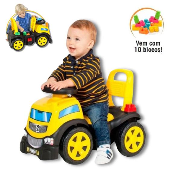 Imagem de Caminhão Infantil Andador Carrinho Menino Truck Ride On Montar Peças Blocks Cardoso Toys Bebê Amarelo Interativo