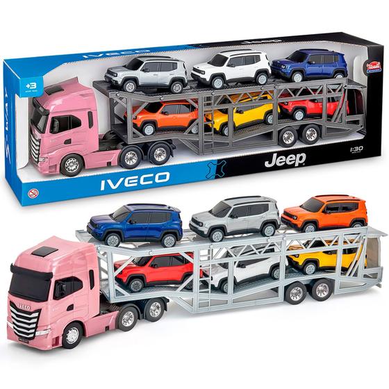Imagem de Caminhão Infantil Cegonha Iveco Com 6 Jeeps Carrinho Com Pneus de Borracha Usual Brinquedos