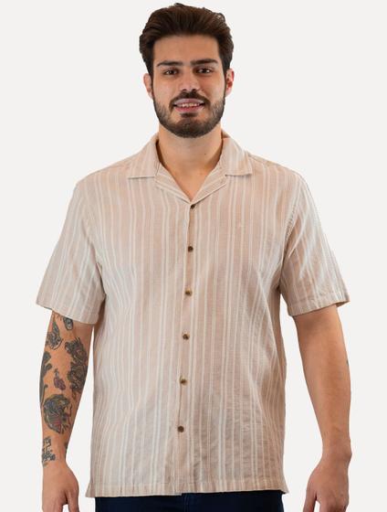 Imagem de Camisa Aramis Masculina Manga Curta Regular Bowling Eco Maquineta Listrada Cáqui