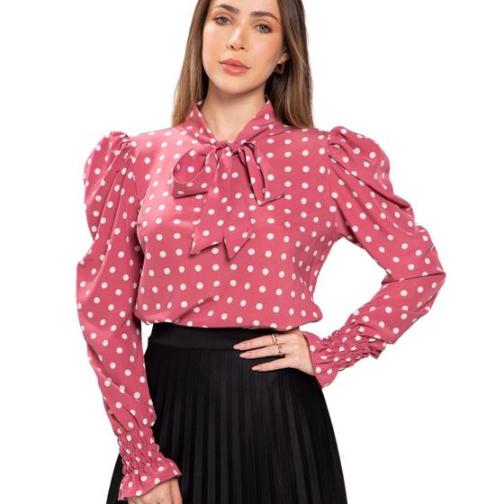 Imagem de Camisa Blusa Feminina Manga Longa Bufante Com Gola Laço Poa