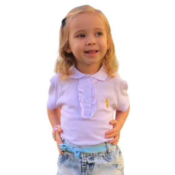 Imagem de Camisa Branca Gola Polo com Babado Roupa Menina Infantil Blusa Criança Batizado