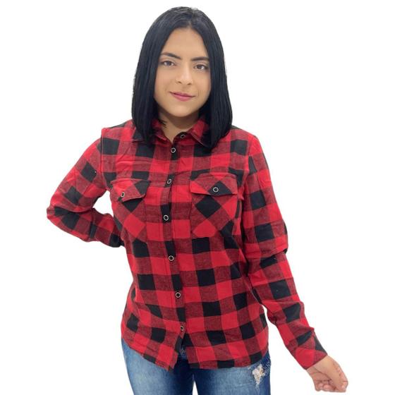 Imagem de Camisa Camisão Xadrez Feminina Flanelada Aberta Com Botões