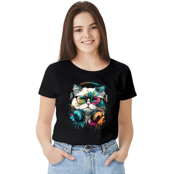 Imagem de Camisa Camiseta BabyLook Feminina T-shirt 100% Algodão Gato Aquarela Music