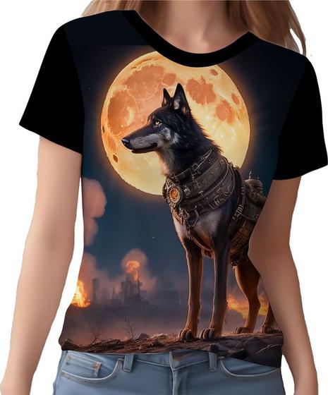 Imagem de Camisa Camiseta Estampada Steampunk Lobo Matilha Lua HD 1