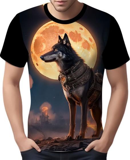 Imagem de Camisa Camiseta Estampada Steampunk Lobo Matilha Lua HD 2